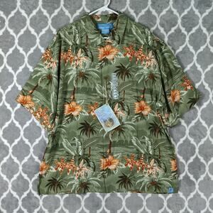 Bermuda Bay Hawaiian Shirt Men XXL Green Hibiscus Palm Tropical Silk Button Up